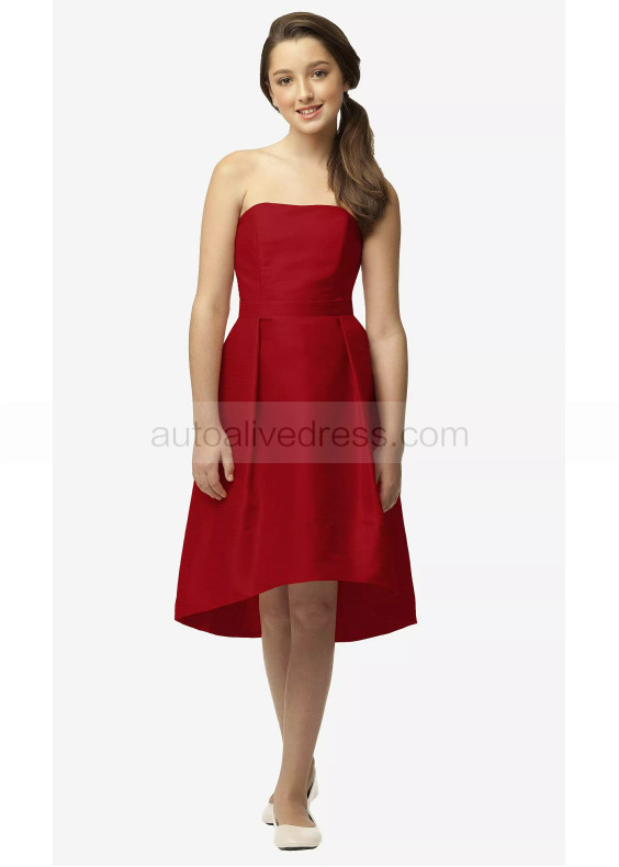 Strapless Garnet Satin High Low Junior Bridesmaid Dress With Pockets